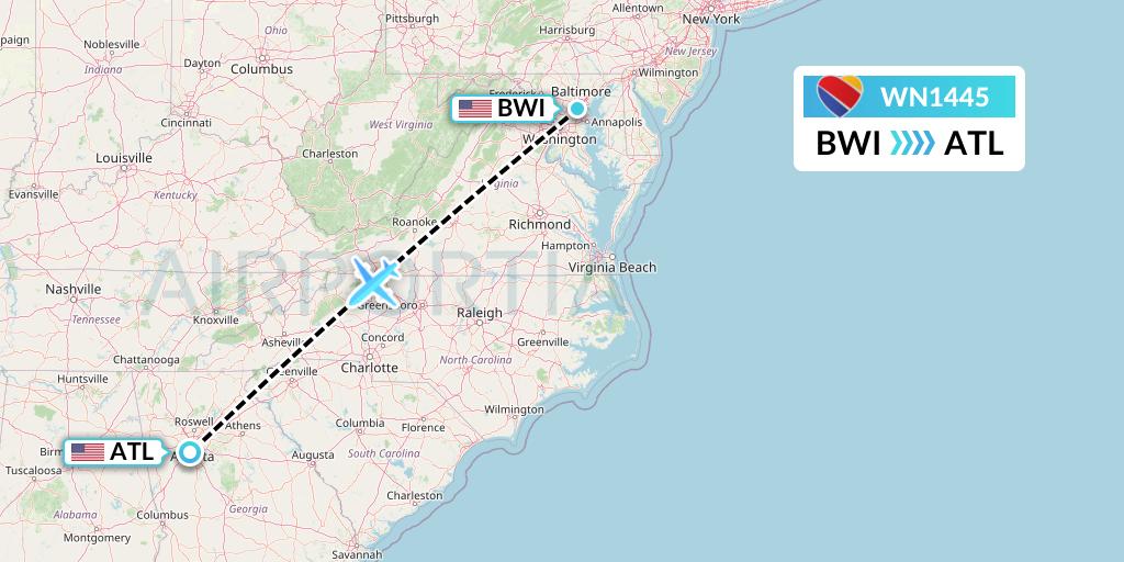 WN1445 Southwest Airlines Flight Map: Baltimore to Atlanta