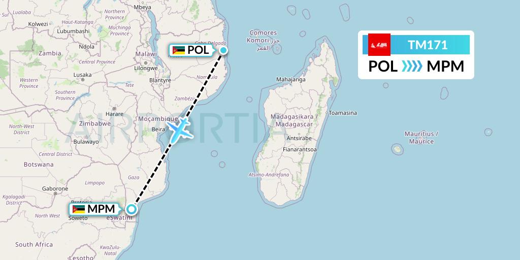 TM171 LAM Mozambique Airlines Flight Map: Pemba to Maputo