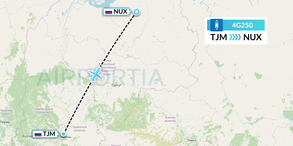 4G250 Gazpromavia Flight Map: Tyumen to Novy Urengoy
