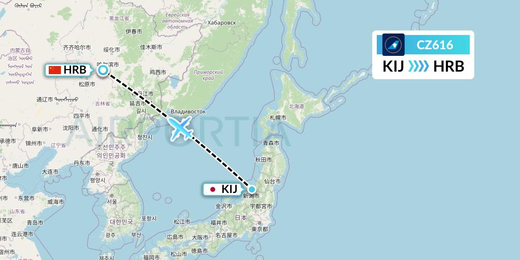 CZ616 China Southern Airlines Flight Map: Niigata to Harbin
