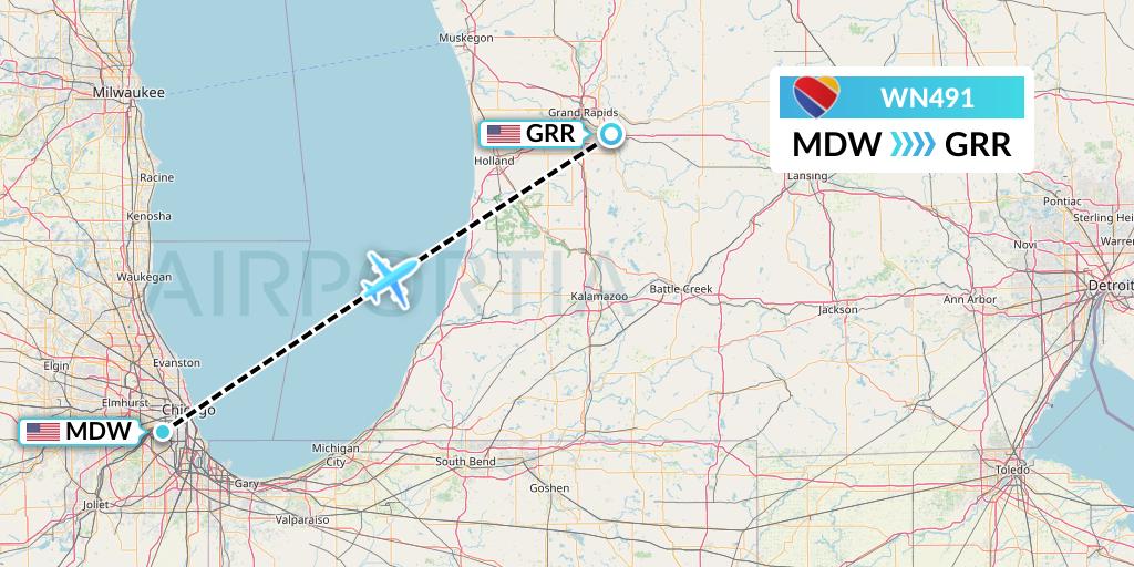 WN491 Southwest Airlines Flight Map: Chicago to Grand Rapids