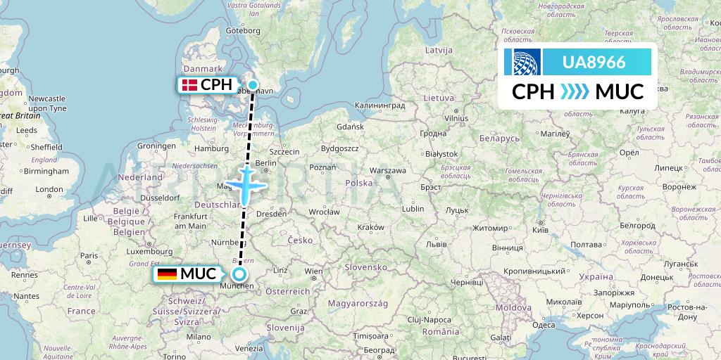 UA8966 United Airlines Flight Map: Copenhagen to Munich