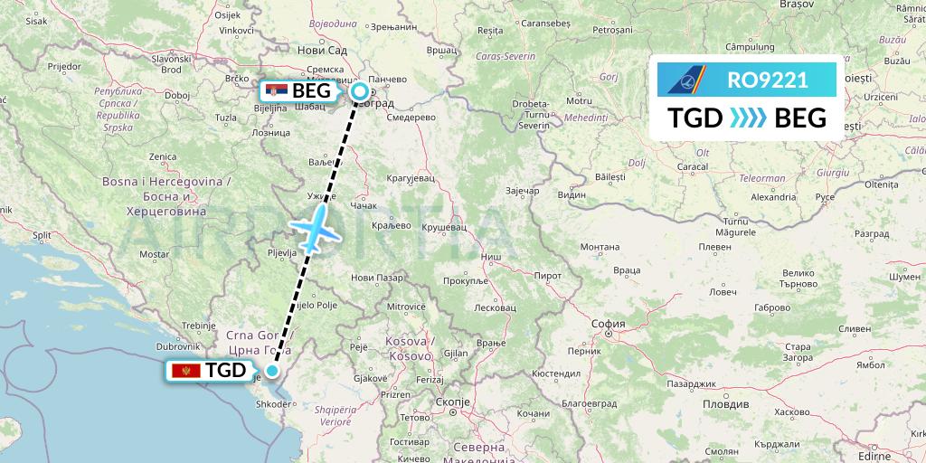 RO9221 Tarom Flight Map: Podgorica to Belgrade