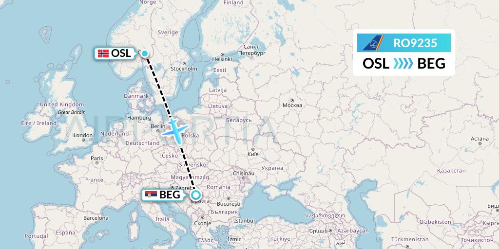 RO9235 Tarom Flight Map: Oslo to Belgrade