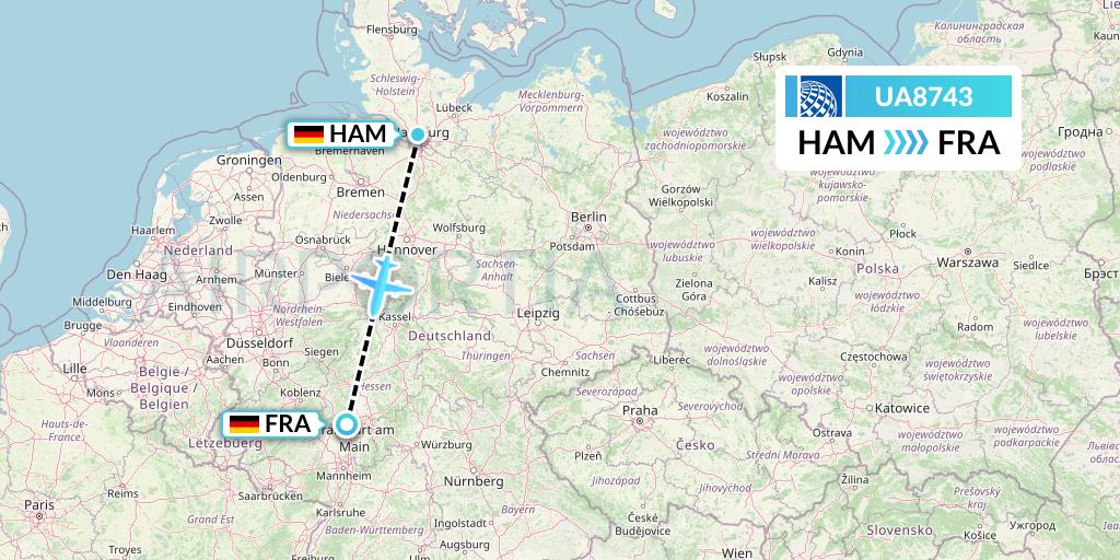 UA8743 United Airlines Flight Map: Hamburg to Frankfurt
