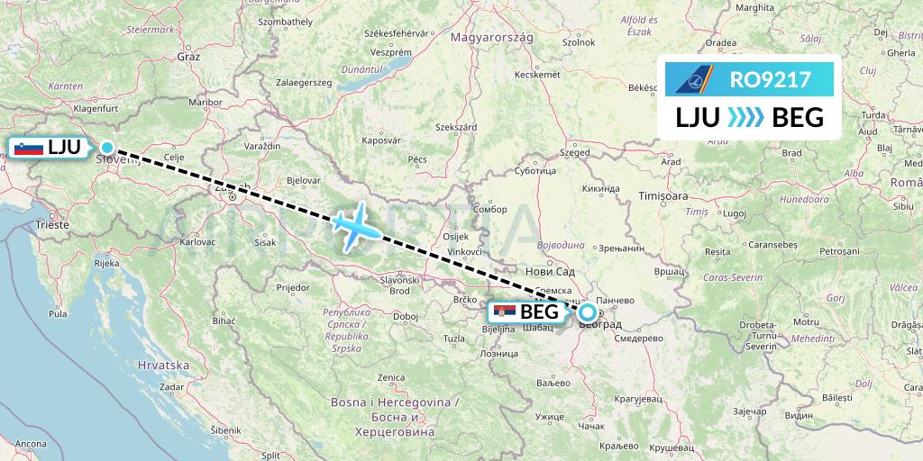 RO9217 Tarom Flight Map: Ljubljana to Belgrade