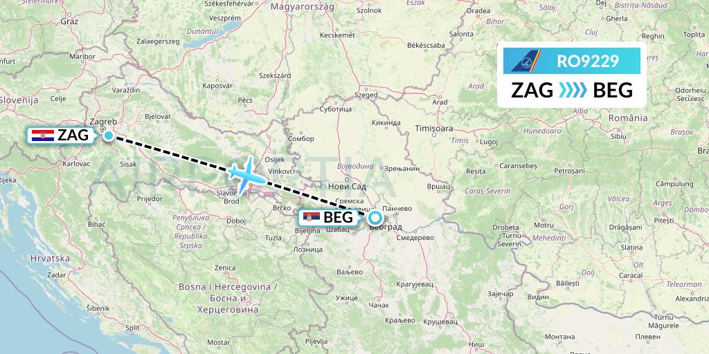 RO9229 Tarom Flight Map: Zagreb to Belgrade