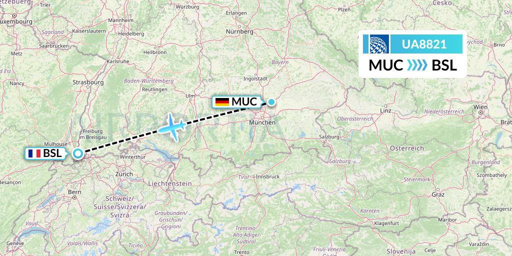 UA8821 United Airlines Flight Map: Munich to Basel