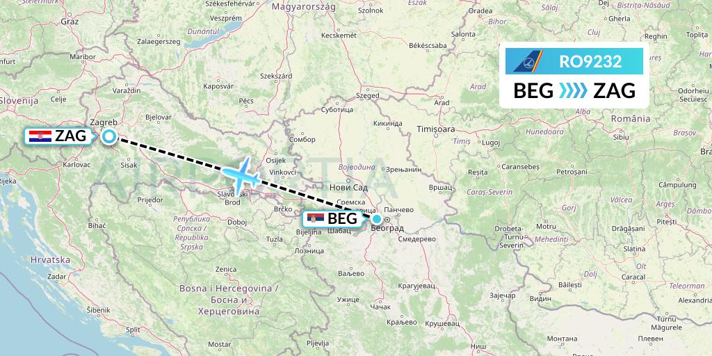 RO9232 Tarom Flight Map: Belgrade to Zagreb