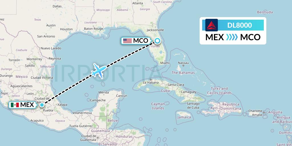 DL8000 Delta Air Lines Flight Map: Mexico City to Orlando