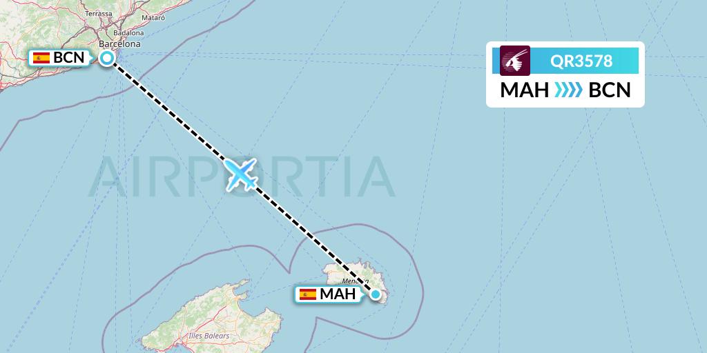 QR3578 Qatar Airways Flight Map: Mahon to Barcelona