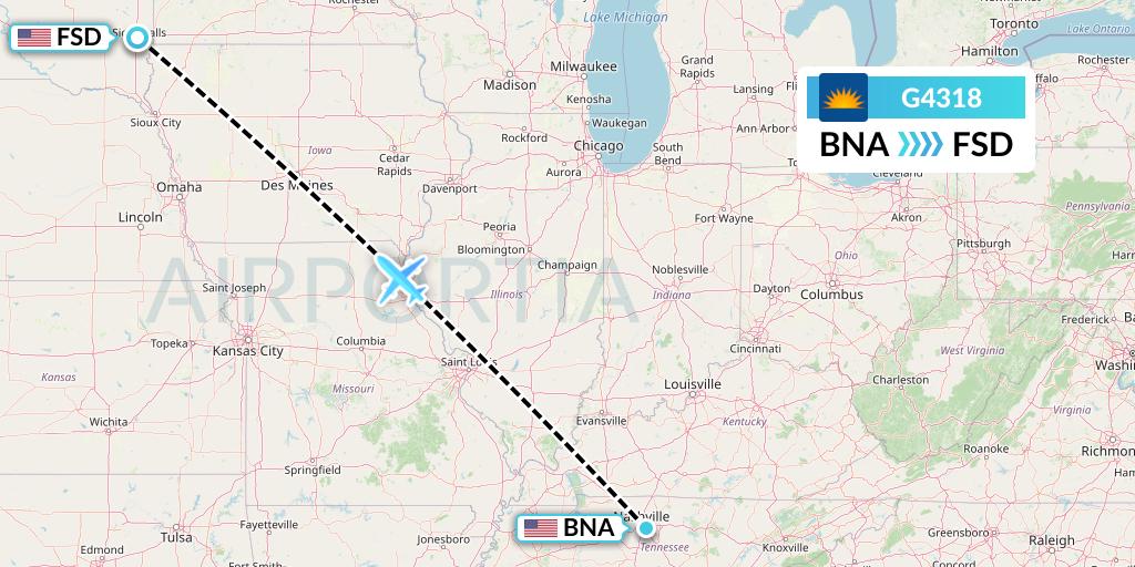 G4318 Allegiant Air Flight Map: Nashville to Sioux Falls