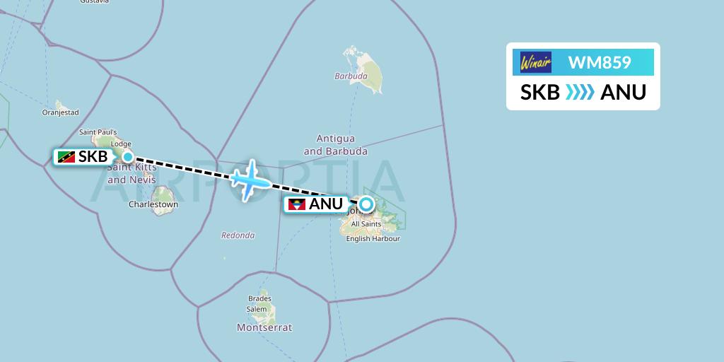 WM859 Winair Flight Map: Basseterre to Antigua