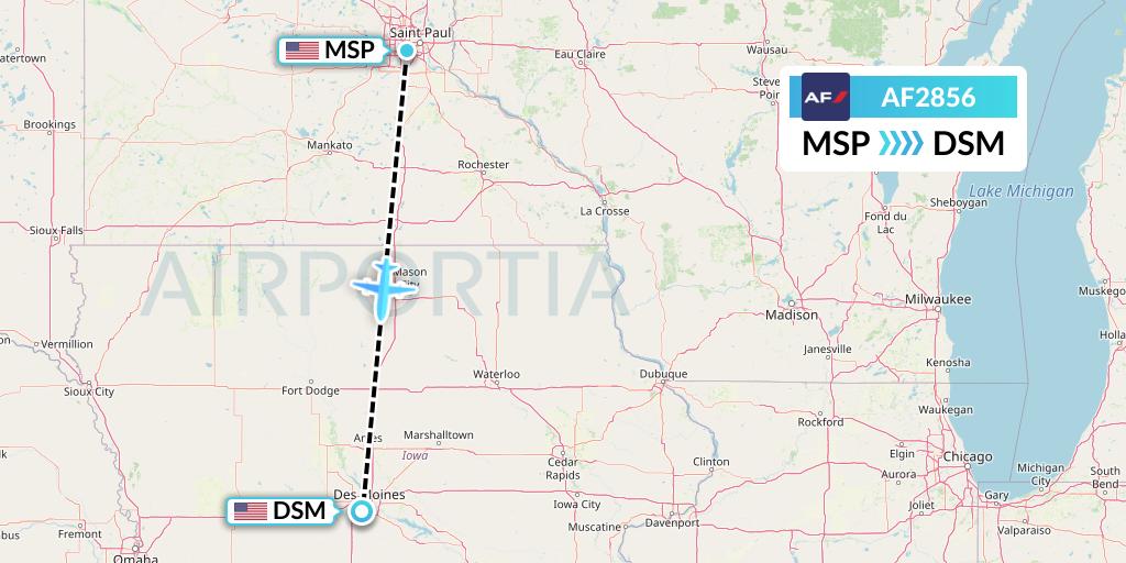 AF2856 Air France Flight Map: Minneapolis to Des Moines