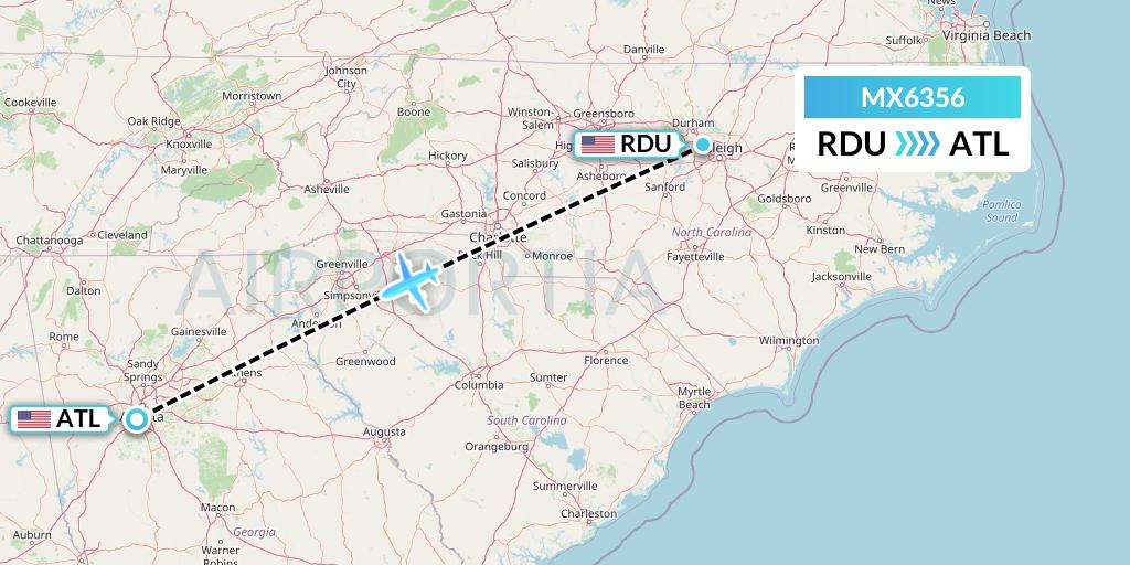 MX6356 Breeze Airways Flight Map: Raleigh-Durham to Atlanta