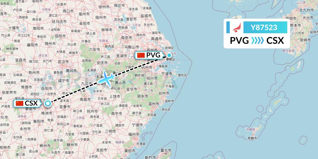 Y87523 Yangtze River Express Flight Map: Shanghai to Changsha