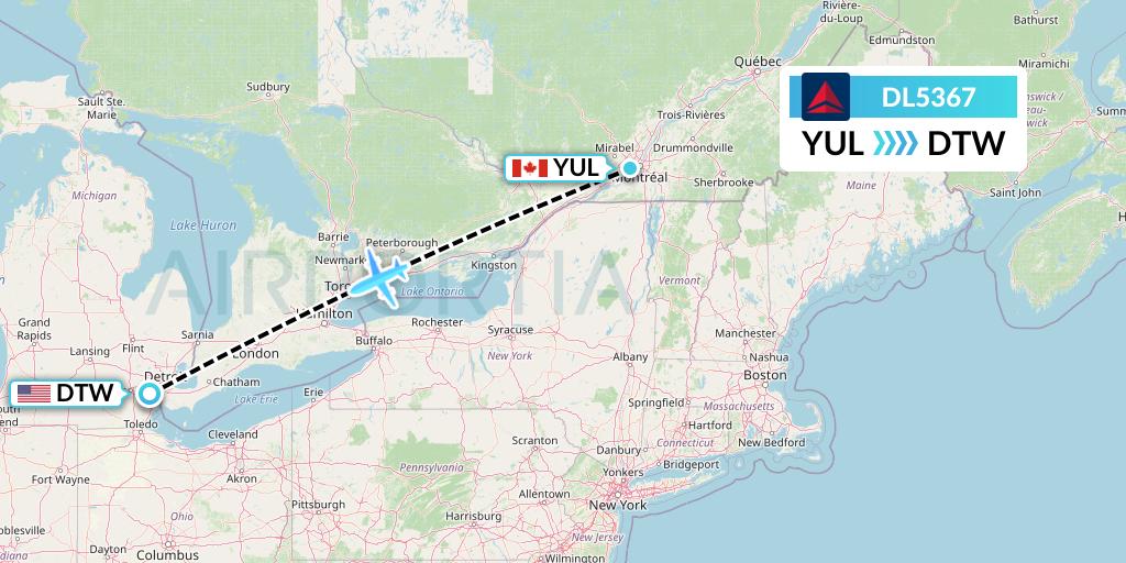 DL5367 Delta Air Lines Flight Map: Montreal to Detroit