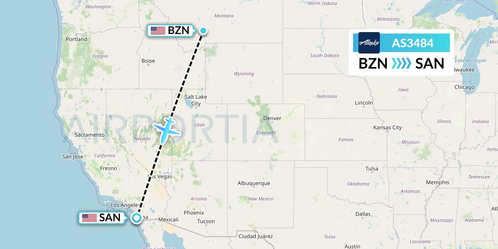 AS3484 Alaska Airlines Flight Map: Bozeman to San Diego