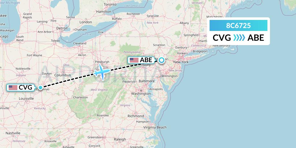 8C6725 Air Transport International Flight Map: Cincinnati to Allentown