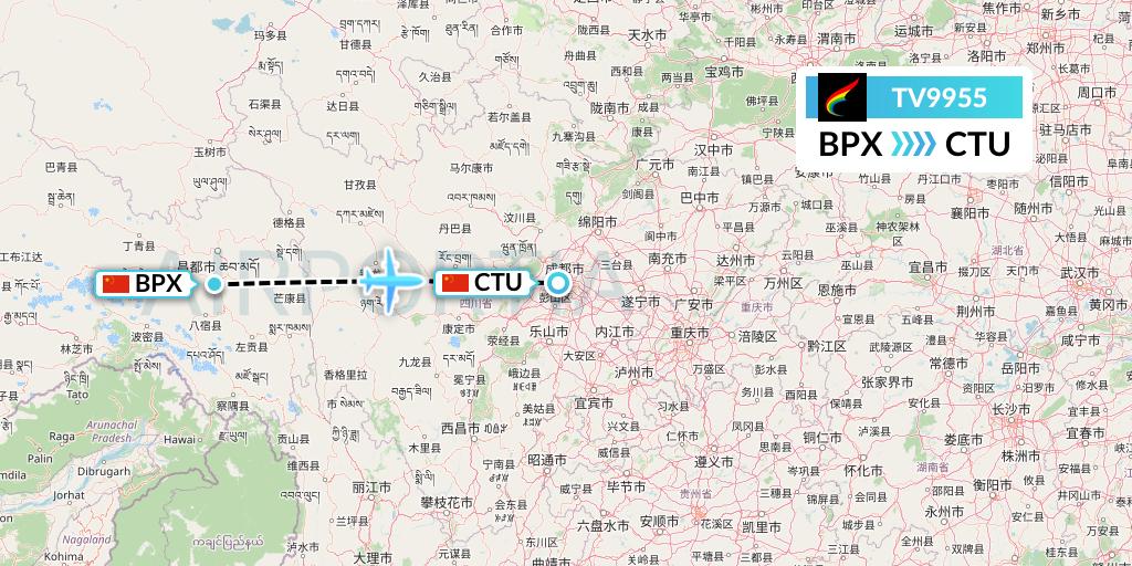 TV9955 Tibet Airlines Flight Map: Bangda to Chengdu