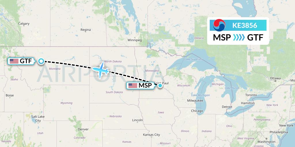 KE3856 Korean Air Flight Map: Minneapolis to Great Falls