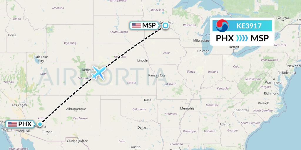 KE3917 Korean Air Flight Map: Phoenix to Minneapolis