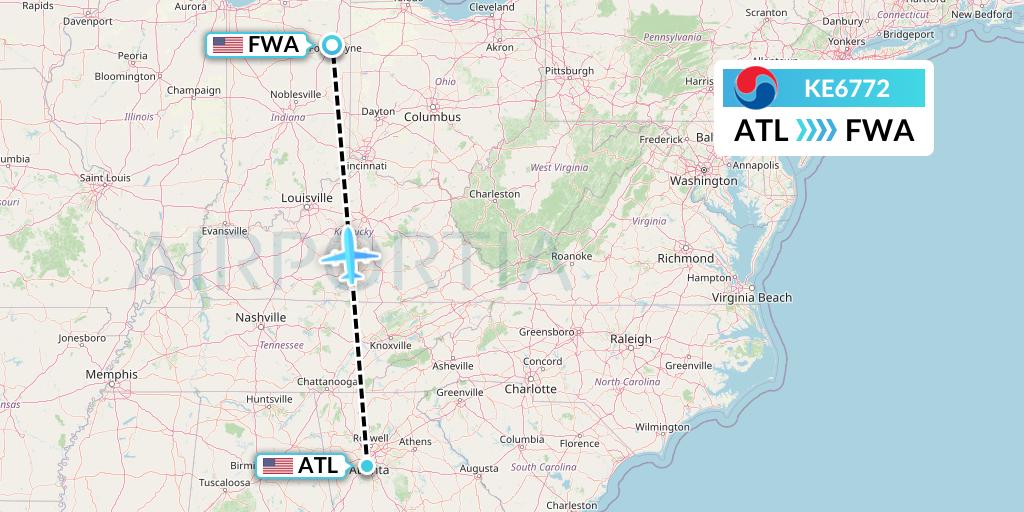 KE6772 Korean Air Flight Map: Atlanta to Fort Wayne
