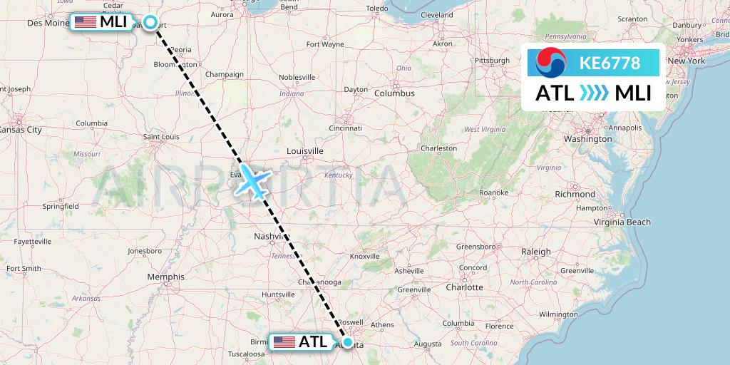 KE6778 Korean Air Flight Map: Atlanta to Moline