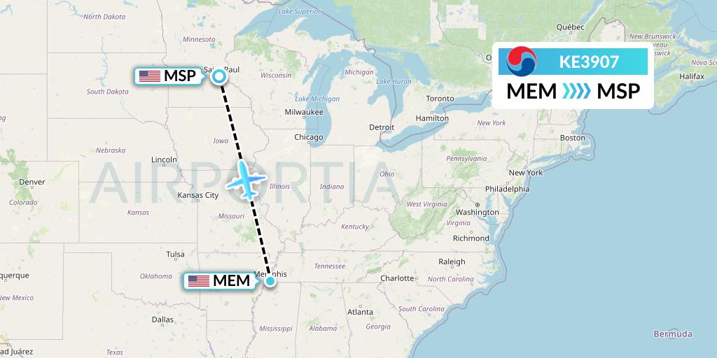 KE3907 Korean Air Flight Map: Memphis to Minneapolis