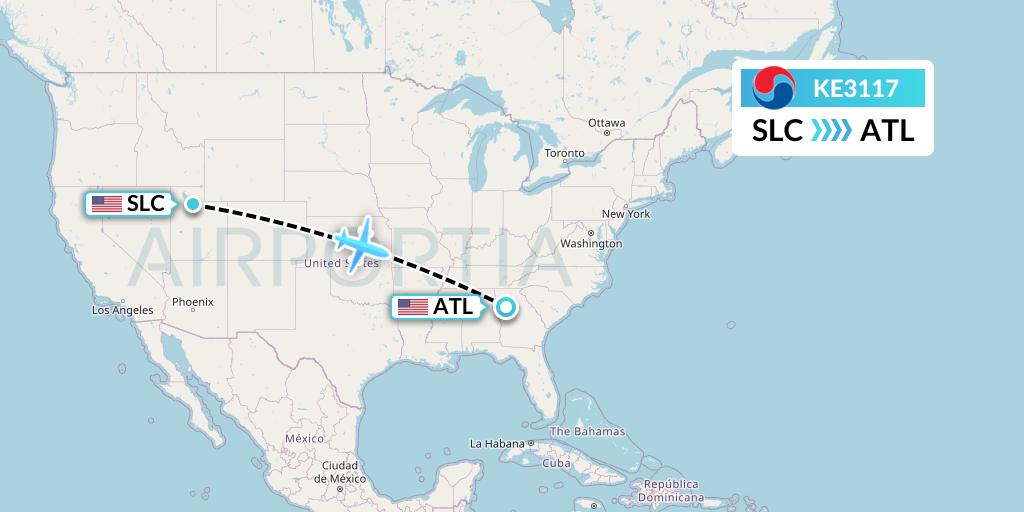 KE3117 Korean Air Flight Map: Salt Lake City to Atlanta