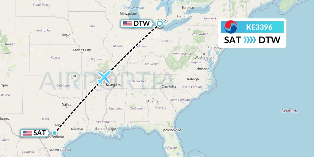 KE3396 Korean Air Flight Map: San Antonio to Detroit