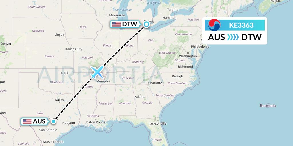 KE3363 Korean Air Flight Map: Austin to Detroit