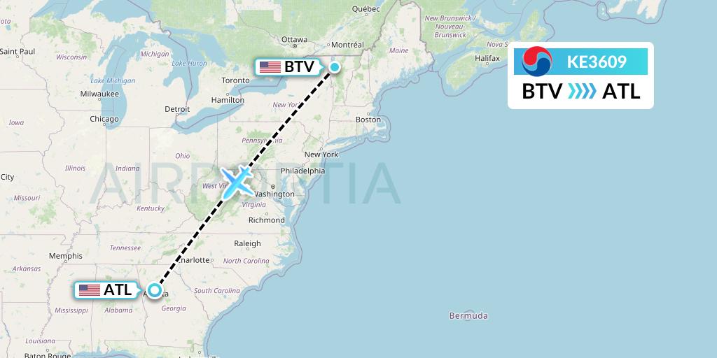 KE3609 Korean Air Flight Map: Burlington to Atlanta