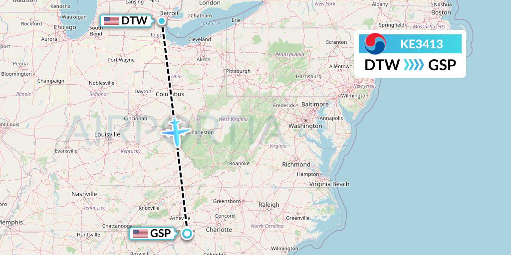 KE3413 Korean Air Flight Map: Detroit to Greenville-Spartanburg