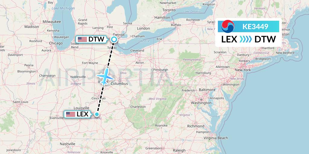 KE3449 Korean Air Flight Map: Lexington to Detroit