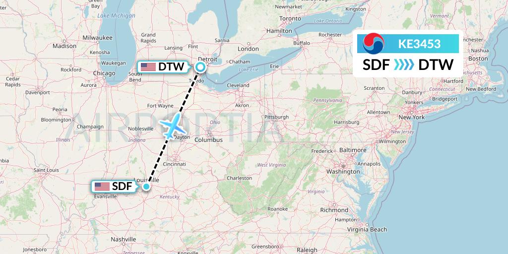 KE3453 Korean Air Flight Map: Louisville to Detroit