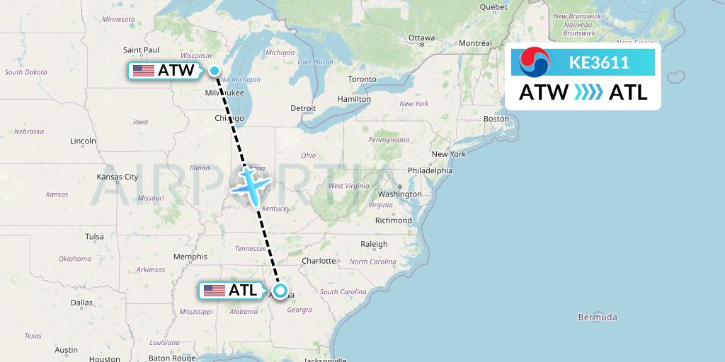 KE3611 Korean Air Flight Map: Appleton to Atlanta
