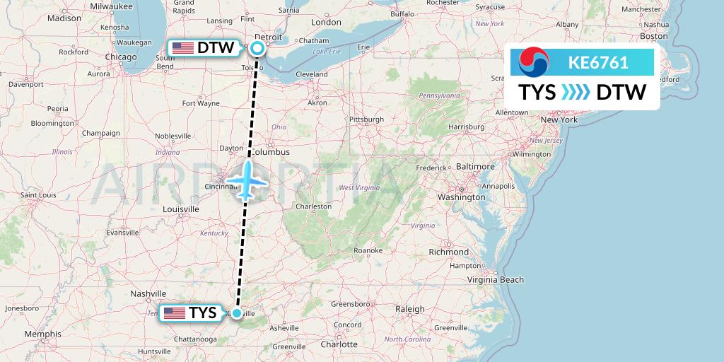 KE6761 Korean Air Flight Map: Knoxville to Detroit