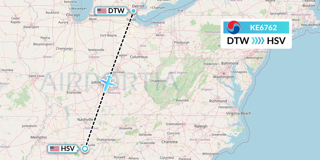 KE6762 Korean Air Flight Map: Detroit to Huntsville