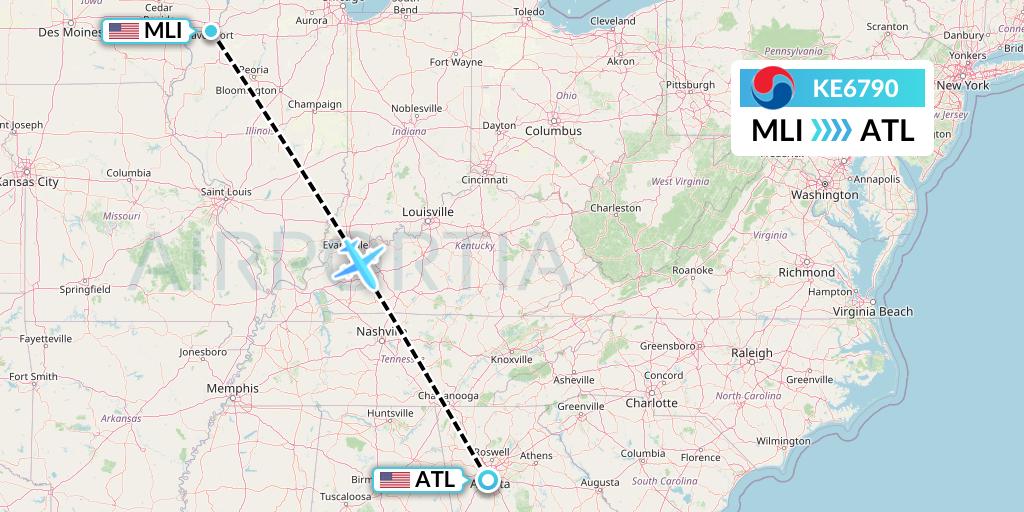 KE6790 Korean Air Flight Map: Moline to Atlanta