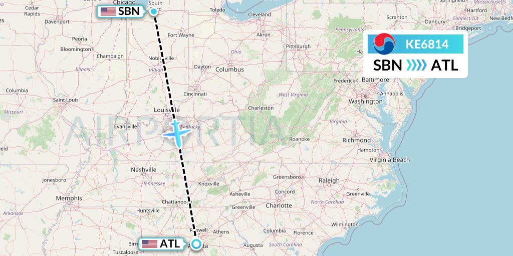 KE6814 Korean Air Flight Map: South Bend to Atlanta