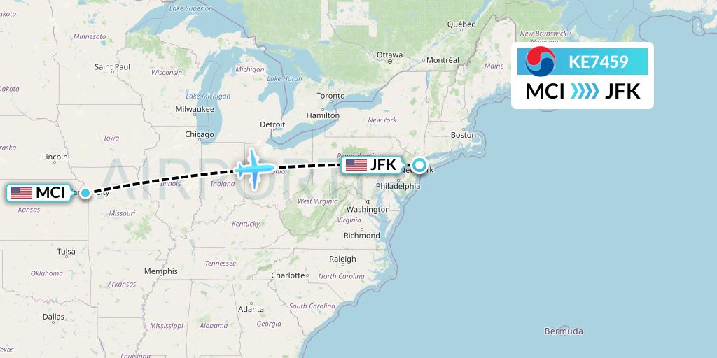 KE7459 Korean Air Flight Map: Kansas City to New York