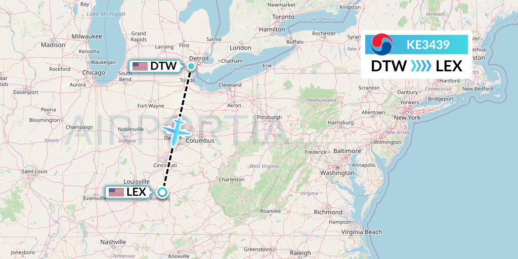 KE3439 Korean Air Flight Map: Detroit to Lexington