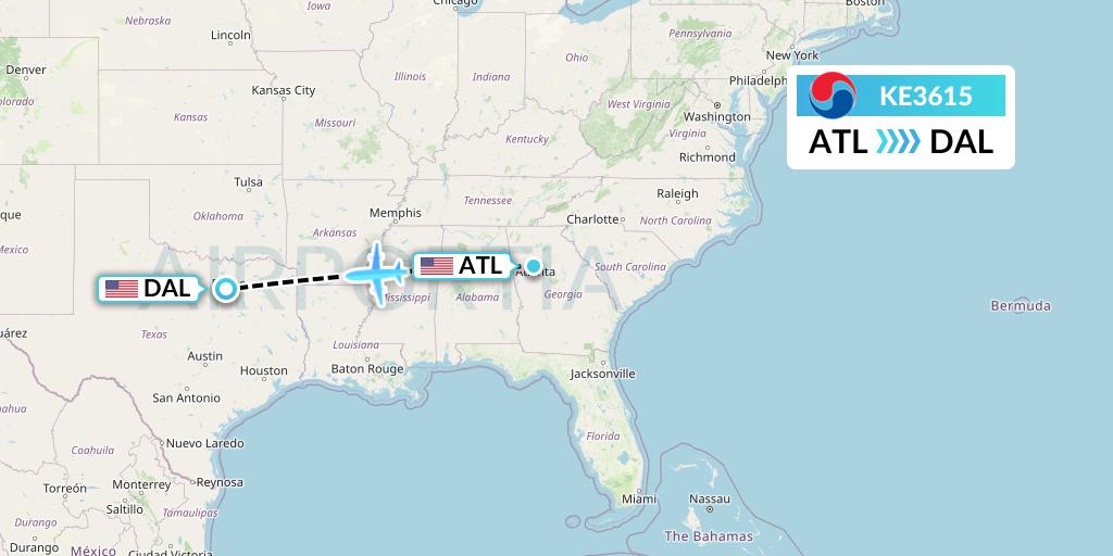 KE3615 Korean Air Flight Map: Atlanta to Dallas