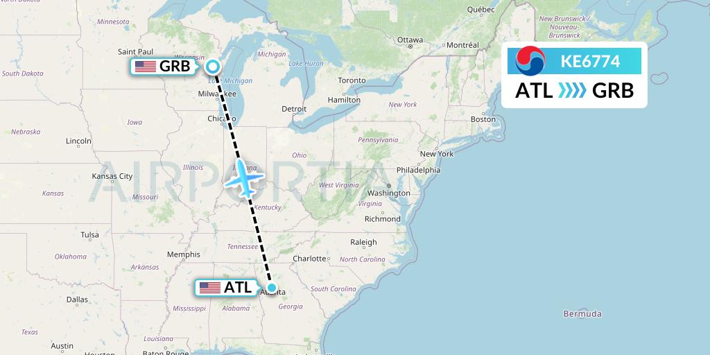 KE6774 Korean Air Flight Map: Atlanta to Green Bay