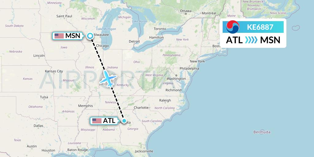 KE6887 Korean Air Flight Map: Atlanta to Madison