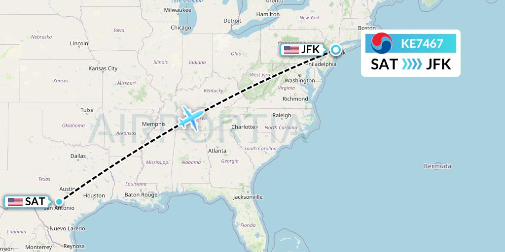 KE7467 Korean Air Flight Map: San Antonio to New York