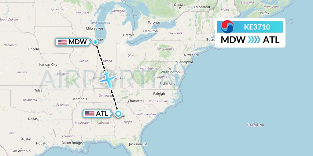 KE3710 Korean Air Flight Map: Chicago to Atlanta