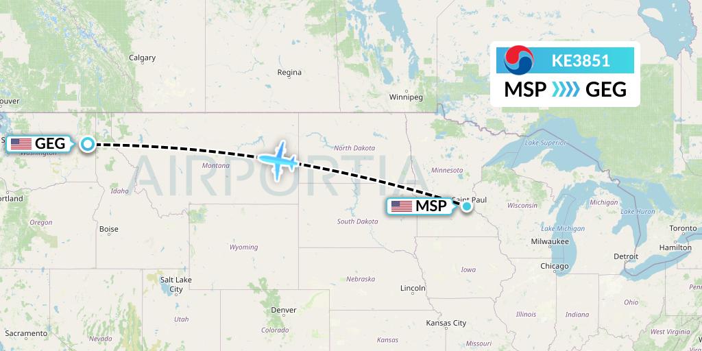 KE3851 Korean Air Flight Map: Minneapolis to Spokane