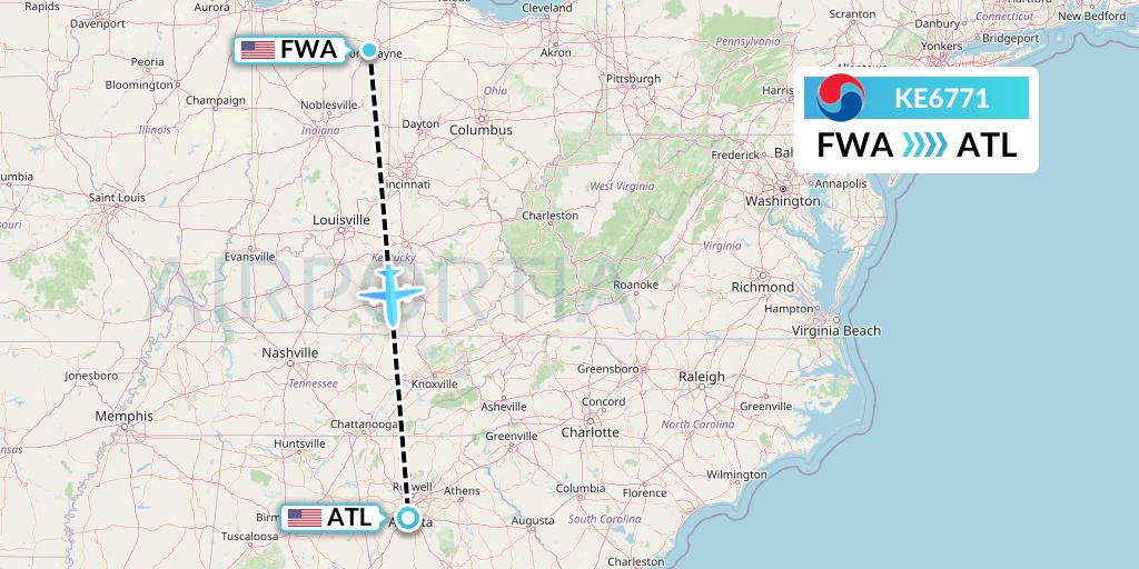 KE6771 Korean Air Flight Map: Fort Wayne to Atlanta